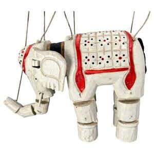 Handmade Wooden East Indian Elephant Marionette Jointed Puppet Folk Art VTG